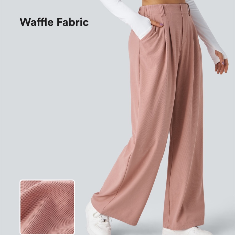 Women's Pink Waffle Fabric Wide-Leg Pants
